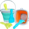 GKDOMS Kids Beach Toys Set with Collapsible Bucket, Sand Rake and Shovel, Turquoise and Orange, Ages 2-6, 2pack Travel Toys (Two Mix)