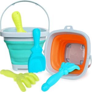 GKDOMS Kids Beach Toys Set with Collapsible Bucket, Sand Rake and Shovel, Turquoise and Orange, Ages 2-6, 2pack Travel Toys (Two Mix)