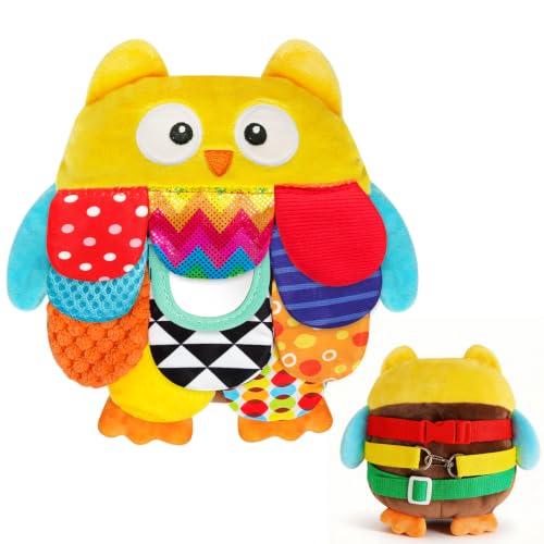 GKDOMS Vibrant Sensory Owl Plush Stuffed Animal Baby Toy Tummy Time Multi-Textured Squeaking & Crinkling Learning Toy for Busy Hands Babies 0-36Months, Baby Shower 1st Birthday Gifts