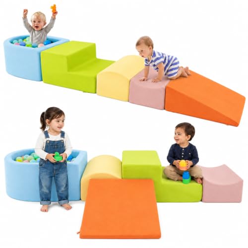 GLACER Foam Climbing Blocks with Ball Pit, 5-Piece Soft Play Equipment for Toddlers, Indoor Soft Play Blocks Climb and Crawl Activity Set for Kids Playroom Ages 3+, Balls Not Included (Colorful)