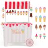 GLACER Ice Cream Cart, Wooden Kids Grocery Store Playset w/Display Rack, Freezer, Side Handle Bar, 2 Wheels, Canopy, 12-Piece Accessories, Realistic Ice Cream Cart Toy, Gift for Boys Girls 3+ (Red)