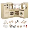 GLACER Wooden Corner Play Kitchen, Kids Kitchen Playset with Sink, Bread Machine, Coffee Maker, Stoves, Oven, Microwave & Accessories, Educational Toy Kitchen with Storage, Gift for Boys and Girls