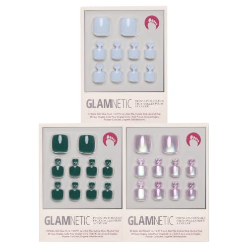 Glamnetic Press-On Toenails Bundle - Blueberry Milk, Emerald Green & Oyster | Salon Quality Fake Toenails Kit | Blue, Green & Pearl Pedicure Toenails for At-Home Pedicures