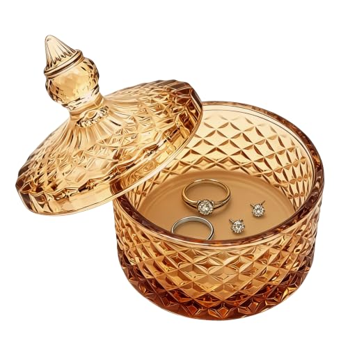 Glass Jewelry Box, Crystal Candy Dish with Lid, Ring Box, Small Trinket Dish, Jewelry Organizer Dish with Lid, Decorative Jewelry Bowls for Home Decor, Birthday Gifts for Women (Diamond-amber)