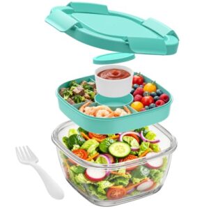 Glass Salad Container,56oz Salad Bowl To Go for Lunch with Airtight Lid,Leak-Proof Sauce Container,4-Compartment Bento Tray & Reusable Fork - BPA-Free Glass Lunch Box for Meal Prep,Office（Green）