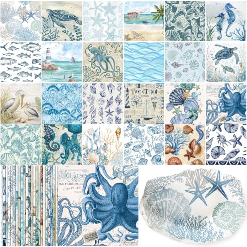 Glenmal 144 Pack Nautical Decoupage Paper Napkins, 12 Styles Assorted Decorative Cocktail Napkins for DIY Rafting Holiday Birthday Party Wedding Baby Shower, Each Unfolded 13 Inch