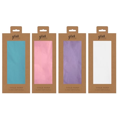 Glick - 4 Pack Pastel Tissue Bundle - Pink, White, Blue & Lilac, Great for Gift Bags, Hampers, Arts & Crafts, Birthdays and Celebrations, ea Pack 4 Sheets, 16 Sheets Total - 70 x 55 cm When Opened