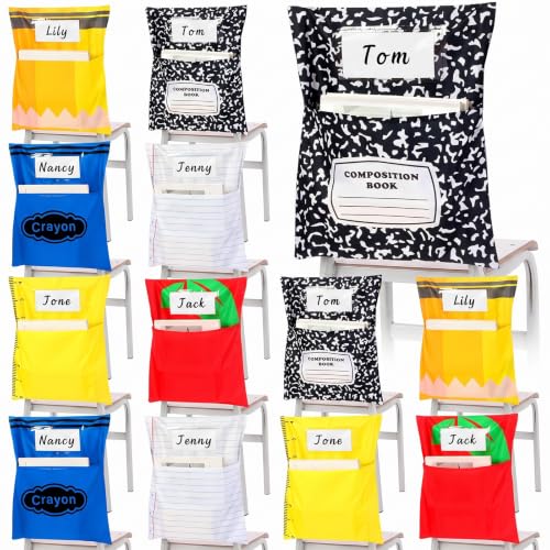 GliCraft 24 Pcs Chair Pockets for Classrooms 16.5x19.5 Inches School Chair Pockets Sacks with Name Slot Crayon Composition Classroom Decor for Back to School Kindergarten Home Seating Storage