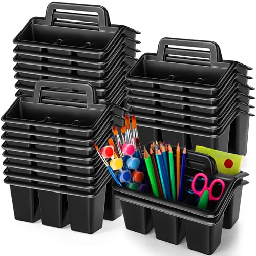 GlikCeil 24 Pcs Classroom Storage Caddies Stackable Utility Caddies with 4 Compartment Plastic Caddy with Handle Portable Storage Bins Organizers for Kids Schools Art Craft Supplies(Black)