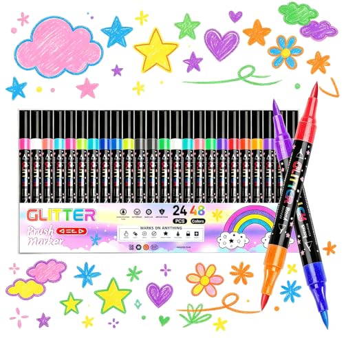 Glitter Brush Markers Set of 24 Pens, 48 Colors Dual Tip (48 Colors)