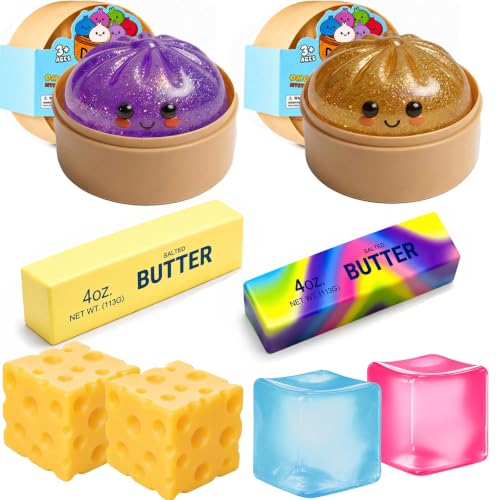 Glitter Dumpling Squishy Toy Set, Cheese Squeeze, Butter & Ice Cube Sensory Stress Relief Toys, Stress Ball Fidget Squishy Toy Set 8-Pack, Party Favors for Kids & Adults, Goodie Bag Fillers