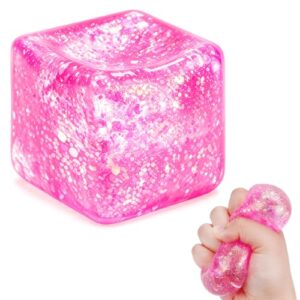 Glitter Ice Cube Squishy Fidget Toys, Squishy Cube Stress Balls for Adults & Kids, Slow Rising Stress Relief Toys, Squeeze Ball Filled with Thick Substance and Glitter (Pink)