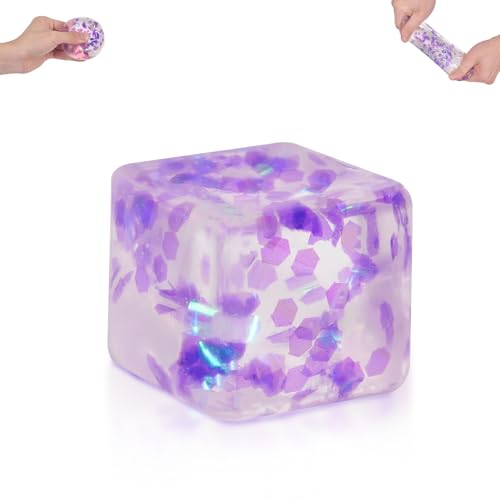 Glitter Ice Cube Squishy Toy, 5cm (1.97in) Soft Slow Rising Squeeze Cube for Kids Ages 3+ & Adults, Sensory Desk Toy for Travel, Party Favors & Everyday Play(Purple)