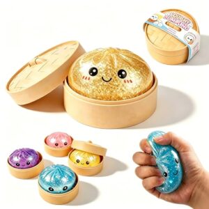 Glitter Yellow Dumpling Squishy Toy Glitter - Bao bun Squeeze Fidget Toy with Slow Rise Feel and Steamer case for Gifts
