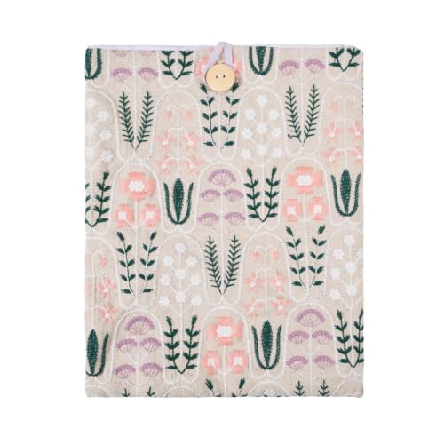 GLOBLELAND Floral Book Sleeve 10.7×8.7 inch Washable Embroidered Cloth Book Pouch Cover with Button Closure Leaf Pattern Protective Sleeve for Hardcover Paperback Bible Planner Notebook