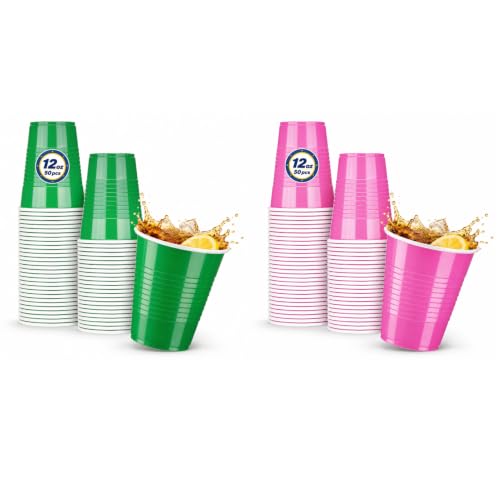 Glotoch 12 oz Disposable Plastic Party Cups Variety Pack, 100 Count Green & Pink Cups for Parties, BBQs, Picnics, Events and Celebrations