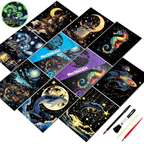 Glow in The Dark Scratch Art for Adults,A5 Rainbow Scratch Painting Craft Kit with 8 Sheets,DIY Foil Engraving & Scratch & Sketch Set,Stress Relief Gift and Creative Home Decor(Marine & Castle Series)