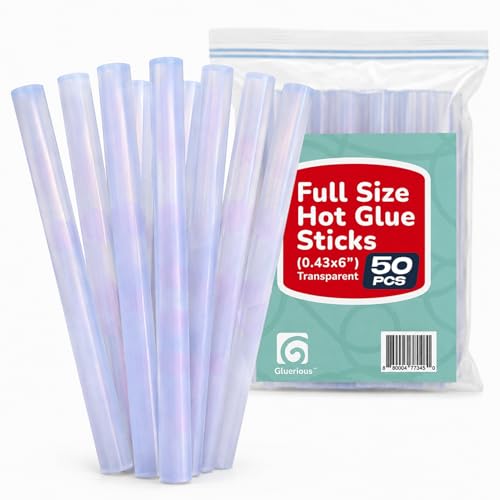 Gluerious Full Size Hot Glue Sticks 50 Pack, 0.43 x 6 Inch (11mm) Large Glue Sticks for Large Glue Gun, Strong All-Temp Bulk Glue Gun Sticks for Arts Crafts DIY Wood Fabric Repairs