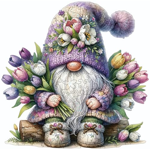 Gnome Wooden Puzzles for Adults, 200pcs Wooden Jigsaw Puzzles for Adults, Gnome Flowers Unique Shaped Jigsaw Puzzles Creative Gift for Friend Family Game Medium Size 10.6'' x 9.8''
