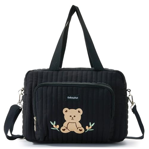 GOBABYMART Small Diaper Bag Tote, Maternity Baby Bag with Insulated Bottle Pockets & Stroller Straps, Diaper Bag for Moms (Small - Black Bears)