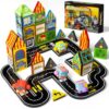 GobiDex 60PCS Mini Magnetic Tiles City Road Set with 4 Cars, Travel Magnetic Blocks Building Toys for Creative City Builds, Educational Birthday Gifts for Boys Ages 3+