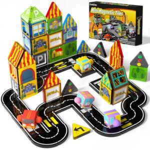 GobiDex 60PCS Mini Magnetic Tiles City Road Set with 4 Cars, Travel Magnetic Blocks Building Toys for Creative City Builds, Educational Birthday Gifts for Boys Ages 3+