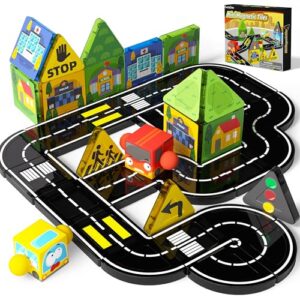 GobiDex Mini Magnetic Tiles Road Set with 2 Cars, Compact Travel Magnetic Blocks Building Toys for Kids Ages 3-5 4-8, Birthday Gifts for Boys