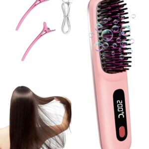 Go Brush Pro for Short Hair, Cordless Hair Straightener Brush (Pink)