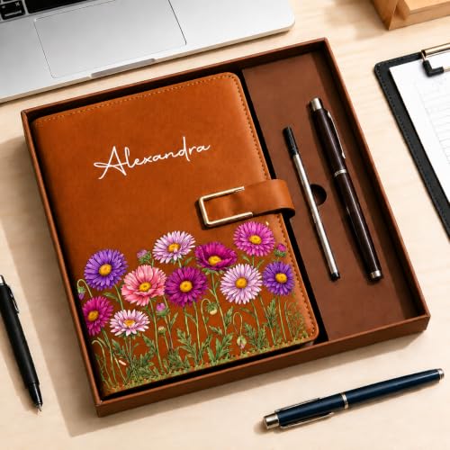 GODMERCH Personalized Birth Flower Notebook & Pen Set, Custom Name Leather Journal Gift, Birth Month Flower Journal for Women, Birthday/Teacher Gift Style 05