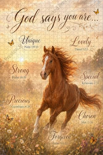 God Says You are Unique Strong Brown Horse Wooden Jigsaw Puzzle 1000 Pieces for Adults Forest Background with Butterflies and Sunset Sky Dreamy Inspirational Puzzle Gift for Garden Lovers Home Decor
