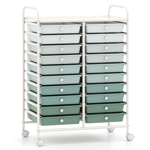 GOFLAME 20-Drawer Rolling Storage Cart, Art Craft Organizer Cart, Mobile Utility Storage Cart with Removable Drawers & Lockable Wheels, Craft Cart for Home Office School, Green Gradient