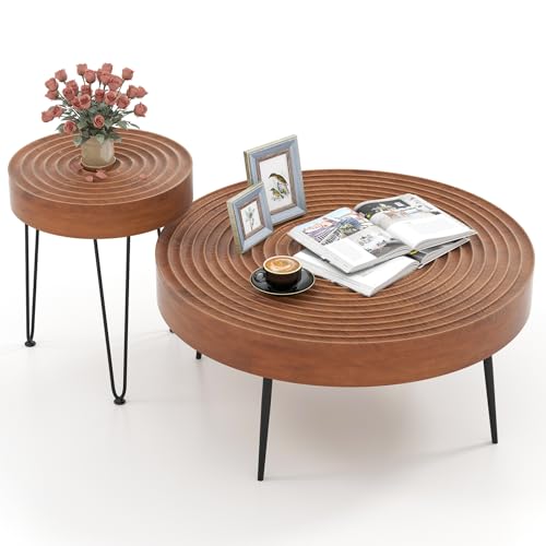GOFLAME Round Nesting Coffee Tables Set of 2, Boho Nesting Tables with Solid Pine Wood Top & Metal Legs, Circle Coffee Table & End Table, Center Tables for Living Room, Ring Pattern, Brown