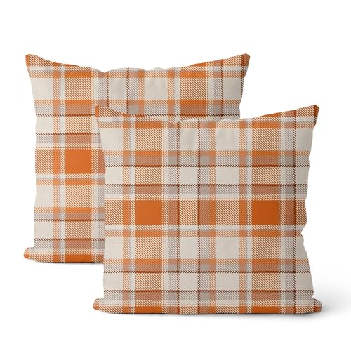 Gohdiwh Fall Pillow Covers 18x18 Set of 2 Autumn Burnt Orange Grey Buffalo Plaid Throw Pillows Thanksgiving Decorative Pillow Cases Checkered Outdoor Decor Linen Farmhouse Cushion Case for Couch