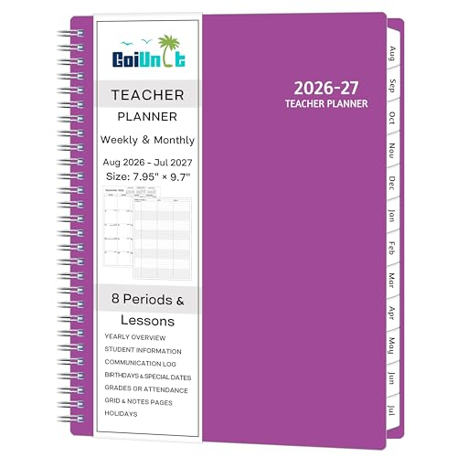 GoiUnlt Teacher Planner 2026-2027, AUG. 2026 – JUL. 2027, Lesson Planner 2026-2027 Academic Year, with Tabs, Thick Paper, 2-Sided Pocket, 8’’ x 10’’ Daily Weekly and Monthly Calendar with 8 Periods