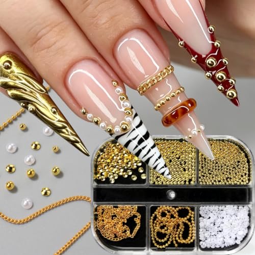 Gold Beads Nail Art Charms 1Box Three Color Nail Rhinestones Gold Crystal Flat Back Beaded Chain Nail Gems 3D Pearl Nail Diamonds Acrylic Alloy Beads Nail Charm for Women DIY Manicure Decoration