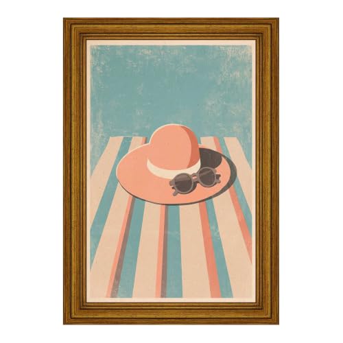Golden Framed Raised Beach Hat And Sunglasses on Stripe Towel Poster Retro Summer Canvas Wall Art Coastal Relax Prints Painting For Move To New House Home Bedroom Dorm wall Decor 16x20in Golden Framed Raised