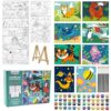 goldentime 8 Packs Predrawn Canvas for Painting Kids Painting Canvas for Kids Painting Kits for Kids 4-8, 48 Paints, 8 Brushes 2 Easels, 8 6x8 Printed Canvas to Paint for Girls Boys and Beginners