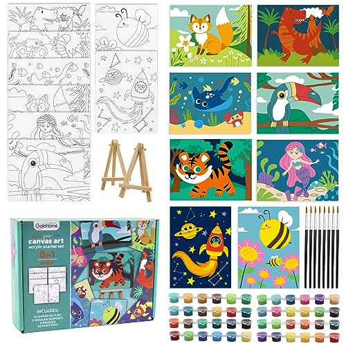 goldentime 8 Packs Predrawn Canvas for Painting Kids Painting Canvas for Kids Painting Kits for Kids 4-8, 48 Paints, 8 Brushes 2 Easels, 8 6x8 Printed Canvas to Paint for Girls Boys and Beginners