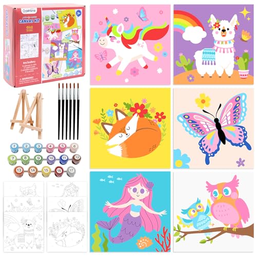 goldentime Kids Paint by Number Kits Including 6 Pre-Drawn Canvas for Painting, 6 Brushes 17 Paints and 2 Easels, Perfect Art Painting Kit, Arts and Crafts Painting for Kids Ages 8-12