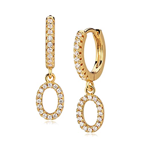 Gold Initial Earring 14K Gold Plated Dainty Tiny Diamond Cubic Zirconia Inlay Alphabet Letter Charm Drop Dangle Huggie Hoop Earrings Delicate Jewelry O