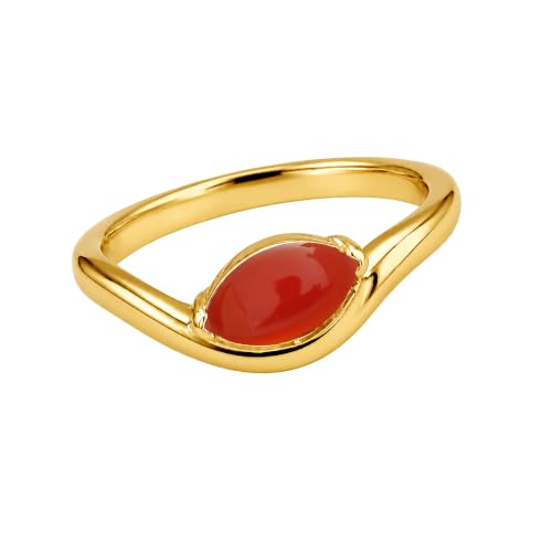 Gold Plated Marquise Carnelian Ring for Women, Natural Orange Red Gemstone Wave Bypass Band Ring, Minimalist Dainty Stackable Statement Handmade Jewelry Christmas Gift for Her Size 10.5