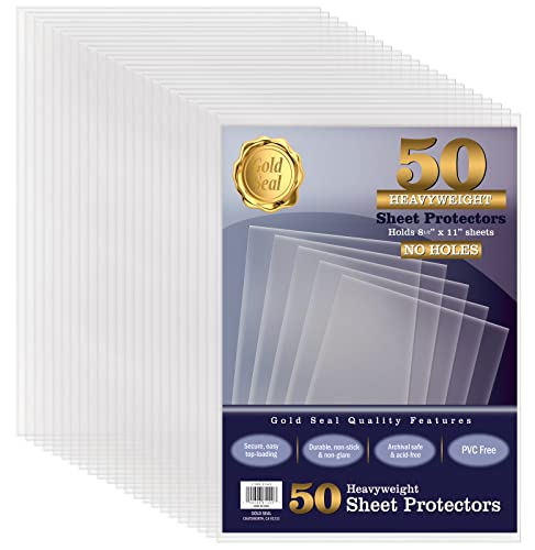 GOLD SEAL No Holes Sheet Protectors, Bulk Pack, Letter Size (8.5 x 11 Inch), Heavyweight Clear View Sheet Protectors, Top Loading, Document Protectors, Artwork Protectors,(50 Pack)