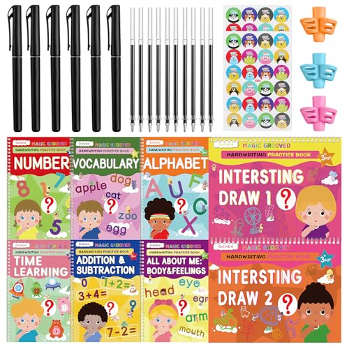 Golinkid Magic Grooved Writing Practice, grooved Handwriting Practice for Kids 8 Books, Preschool workbook for Ages 3-10 with 6 Magic pens 10 Ink Refills, 3 Pencil Grips for Kids Handwriting