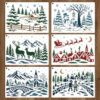 GOMAKERER 6 Sheets Winter Christmas Stencil for Painting, Snowflake Snowman Reindeer and Santa’s Sleigh Drawing Templates Reusable PET Winter Scene Stencils for Painting on Wall Wood Home Decor