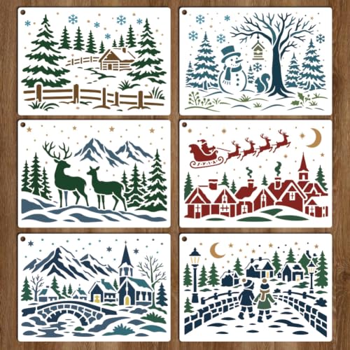 GOMAKERER 6 Sheets Winter Christmas Stencil for Painting, Snowflake Snowman Reindeer and Santa’s Sleigh Drawing Templates Reusable PET Winter Scene Stencils for Painting on Wall Wood Home Decor
