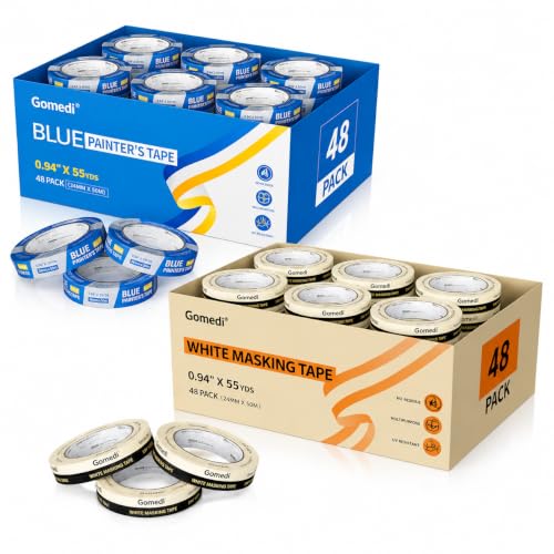 Gomedi 48 Rolls Blue Painter's Tape & 48 Rolls Beige Masking Tape, 96-Pack Painting Supplies Bundle - 1 Inch x 55 Yd per Roll, Total 5280 Yds for Wall, Auto, Art & Crafts