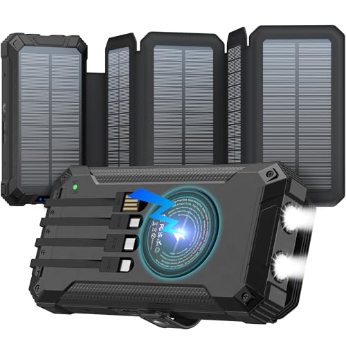 GOODaaa Solar Charger Power Bank, Portable Wireless Charger 20000mAh with Five Solar Panels Built-in Four Cable Five Outputs Outdoor Battery Pack for Cell Phone with Dual Flashlights, Carabiner