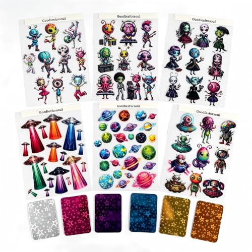 Goodiesforsoul Cosmic Oddities Craft Set‑6 Sheets 3D Stickers + 60 Star Foil Backing ATC Cards 2.5x3.5 Inch, Celestial Supplies for Junk Journaling, Scrapbooking, Artist Trading Card Making