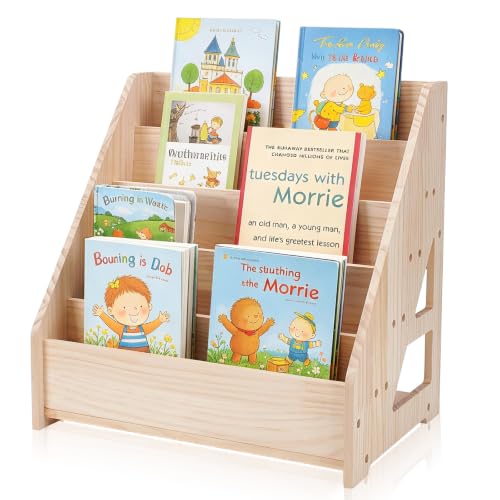 GOOPESTRY 5 Tier Kids Bookshelf and Storage Organizer Pinewood Desktop File Organizer Rectangle Children's Bookshelf Wooden Front Facing Book Display Shelf for Children Room Playroom