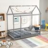 GORELAX Twin House Bed, Montessori Floor Bed, Floor Kid House Bed with Fence, No Box Spring Needed, Wood Twin Size Platform Bed Frame for Boys, Girls (Grey)